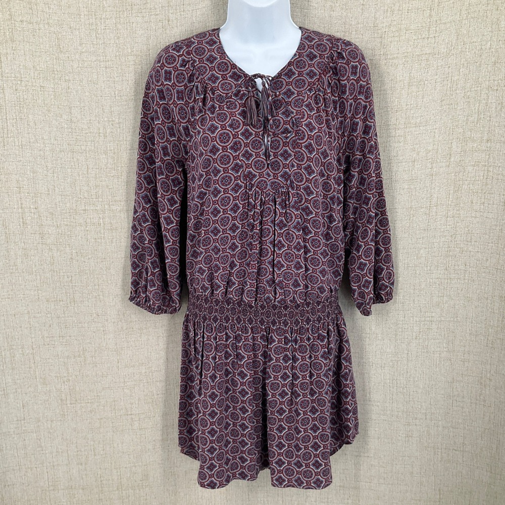 Joie Silk Mini Dress Womens XS Burgundy Blue Medallion Smocked Drop Waist Boho‎